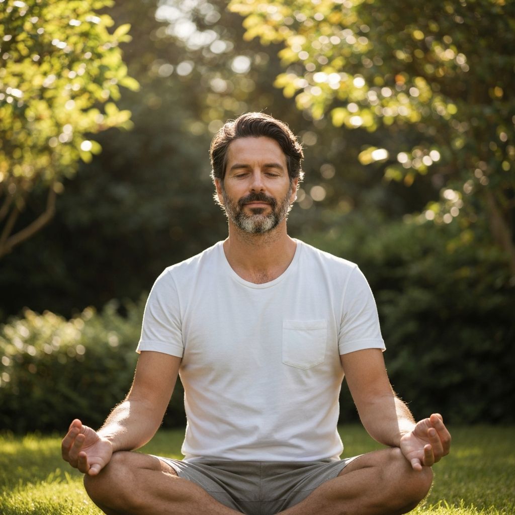 Pria dewasa meditasi di alam